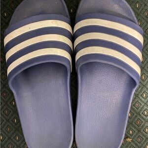 Adidas Blue Slides with White Stripes